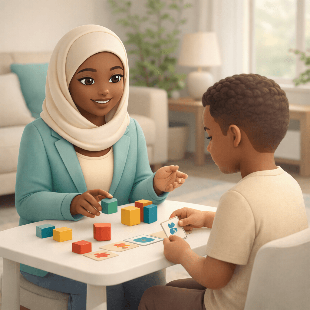 Therapist and child engaged in a calm, supportive learning activity in a warm home setting